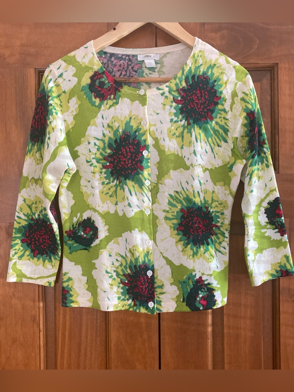 Garnet Hill Green Floral 100% merino wool signature Cardigan women’s medium